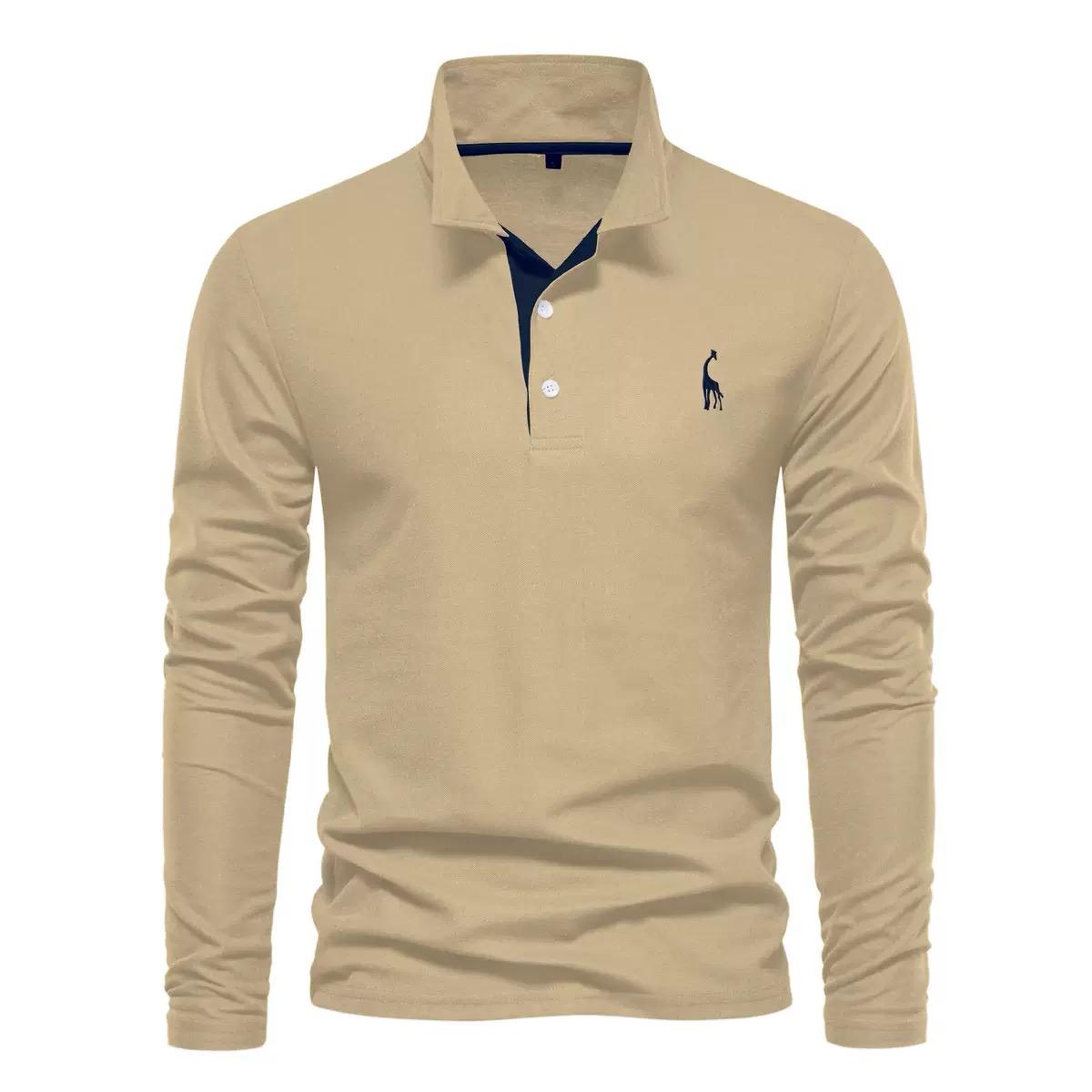 

Trend Hub Новые мужские поло с вышивкой оленя, однотонные, с длинным рукавом, для социальных мероприятий и бизнеса, мужские XXL хаки