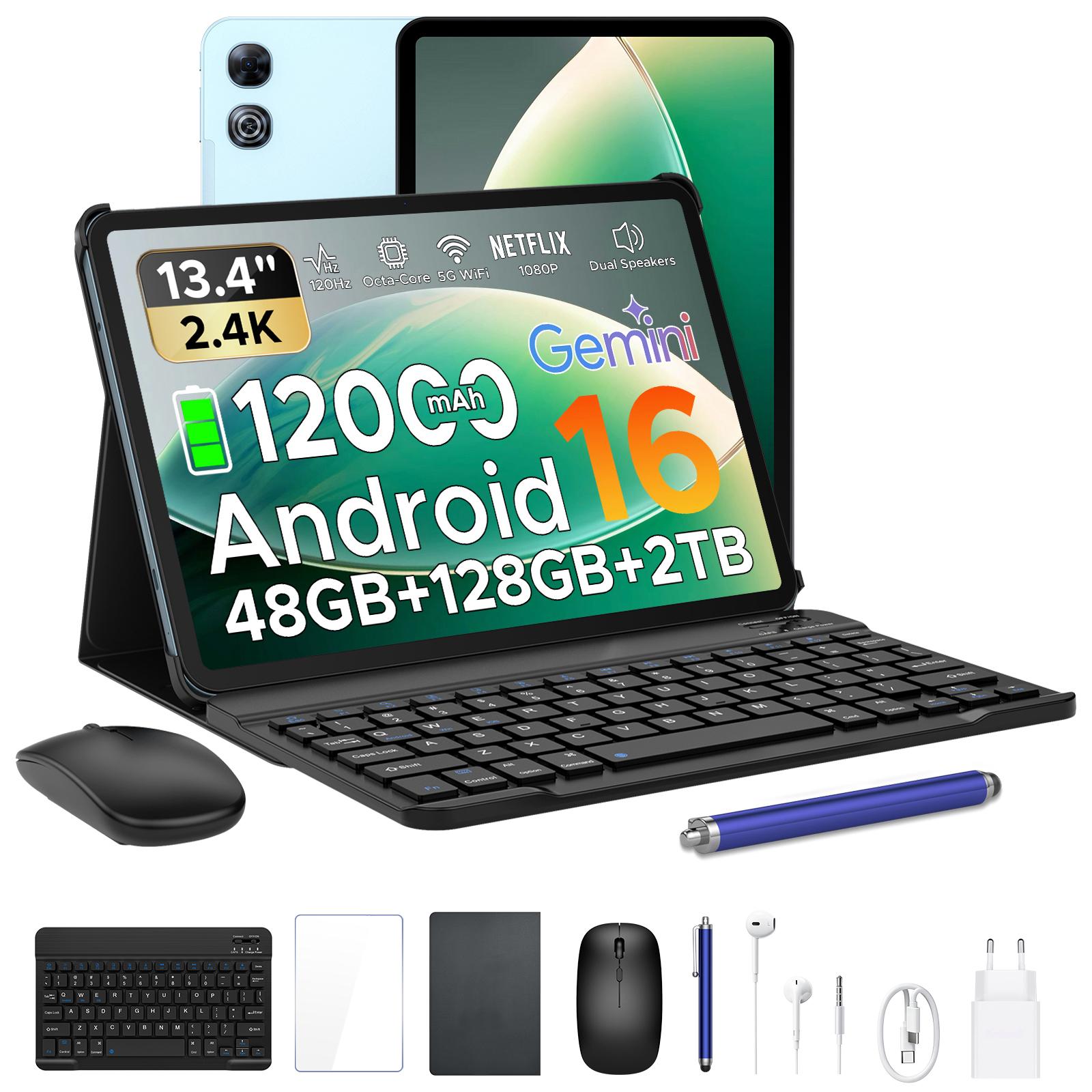 P13 Tablets, 13,4 Zoll 2,4K 120Hz Android 16, 48 GB + 128 GB, 12000 mAh, Widevine L1, Dual-Lautsprecher, Tablet mit Tastatur & Stifteetui blau