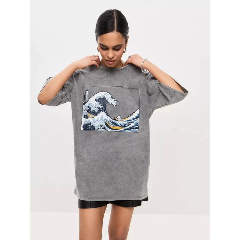 Modisch Bedrucktes T-Shirt Top European and American Washed Black Distressed Fashion Print Short sleeve T-shirt