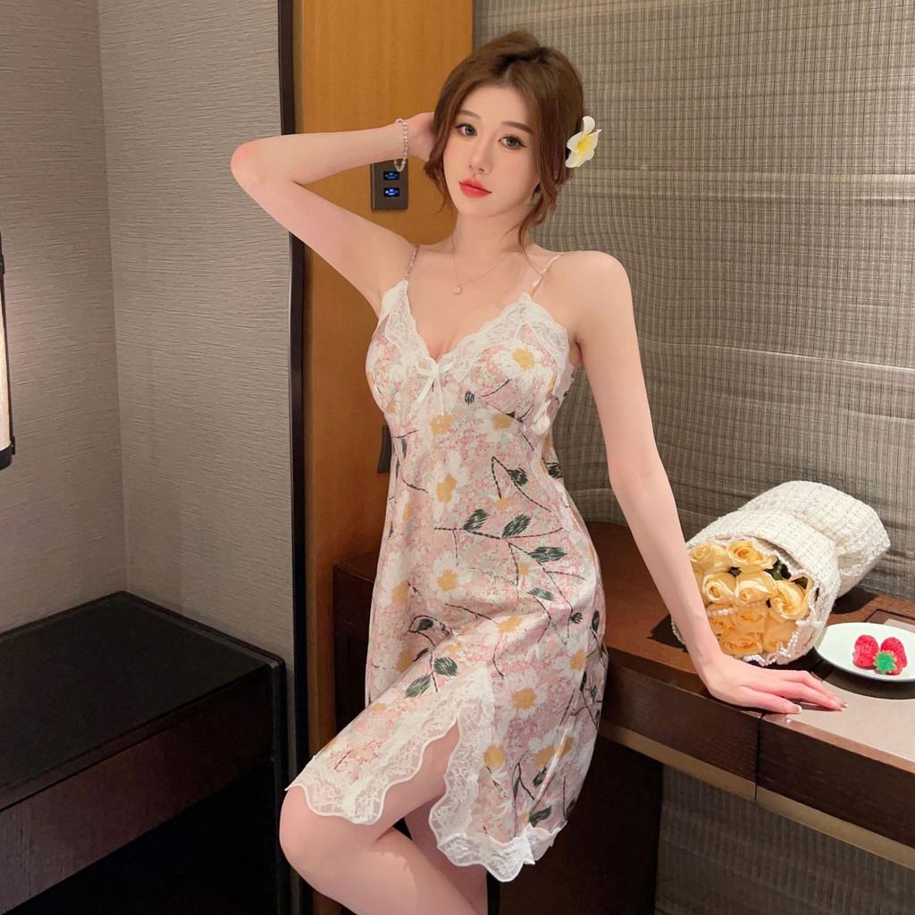 Sexy print nightdress Ice Ribbon chest pad summer thin new women's suspender pajamas pure loungewear