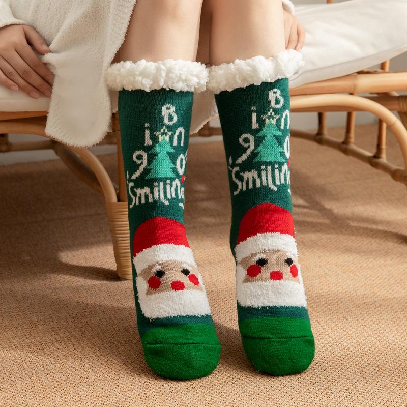 Winter Christmas Themed Women Lamb Fleece Floor Socks, Adult Non-Slip Indoor Snow Socks for Home Carpet