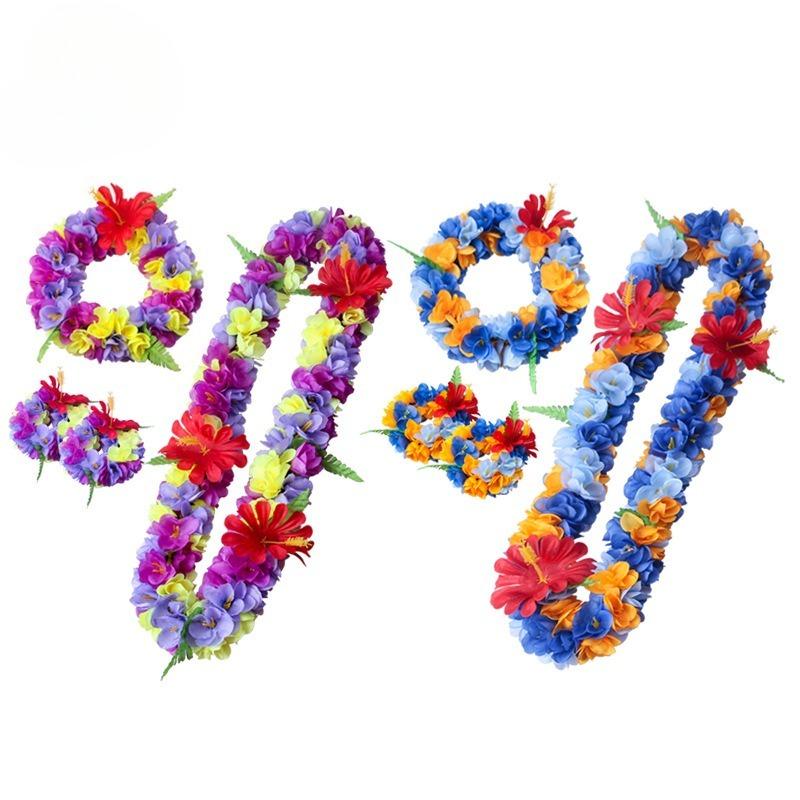 Beach Party Floral Necklace Set 4PCS Artificial Flower Lei for Adults Kids Photo Prop