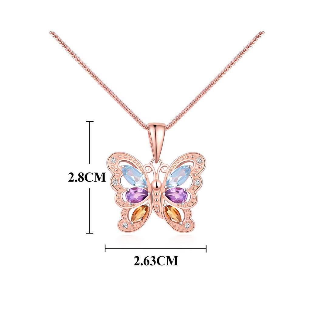 925 Sterling silver butterfly Pendant necklace with natural colorful gemstones topaz citrine amethyst birthstone fine jewelry
