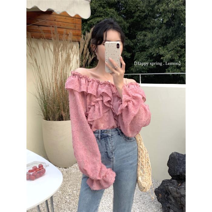 French one-word shoulder collarbone top women s spring new design sense niche ruffle shirt women s autumn S розовый
