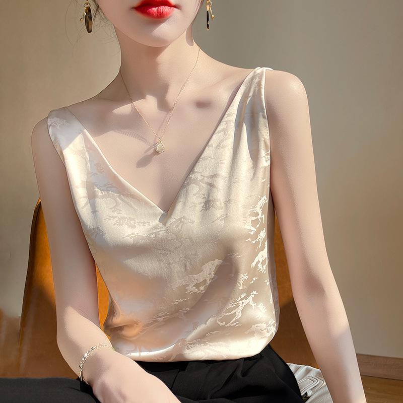 2023 Summer Women's V-Neck Silk Satin Camisole with Draped Silhouette