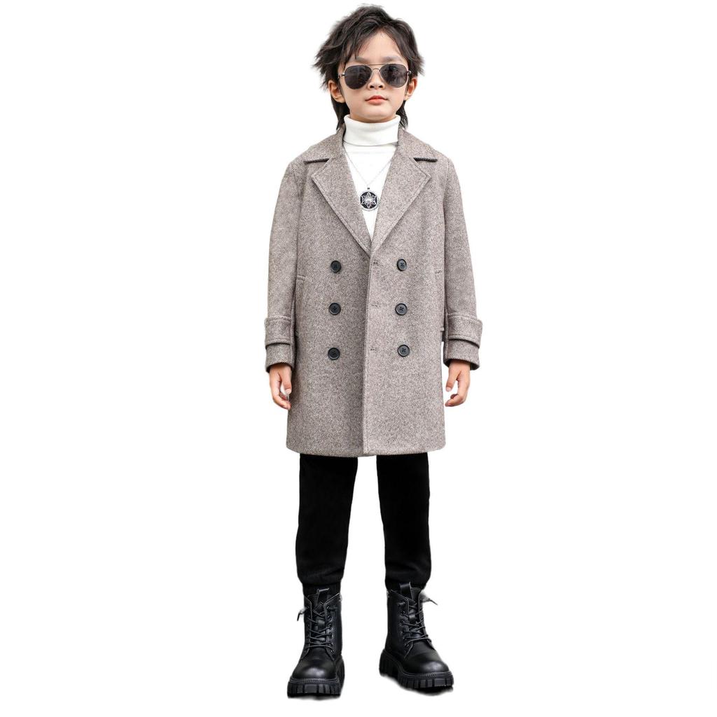 Boys' Mid-Length Wool Trench Coat - Stylish and Warm Korean-Style Overcoat for Autumn and Winter