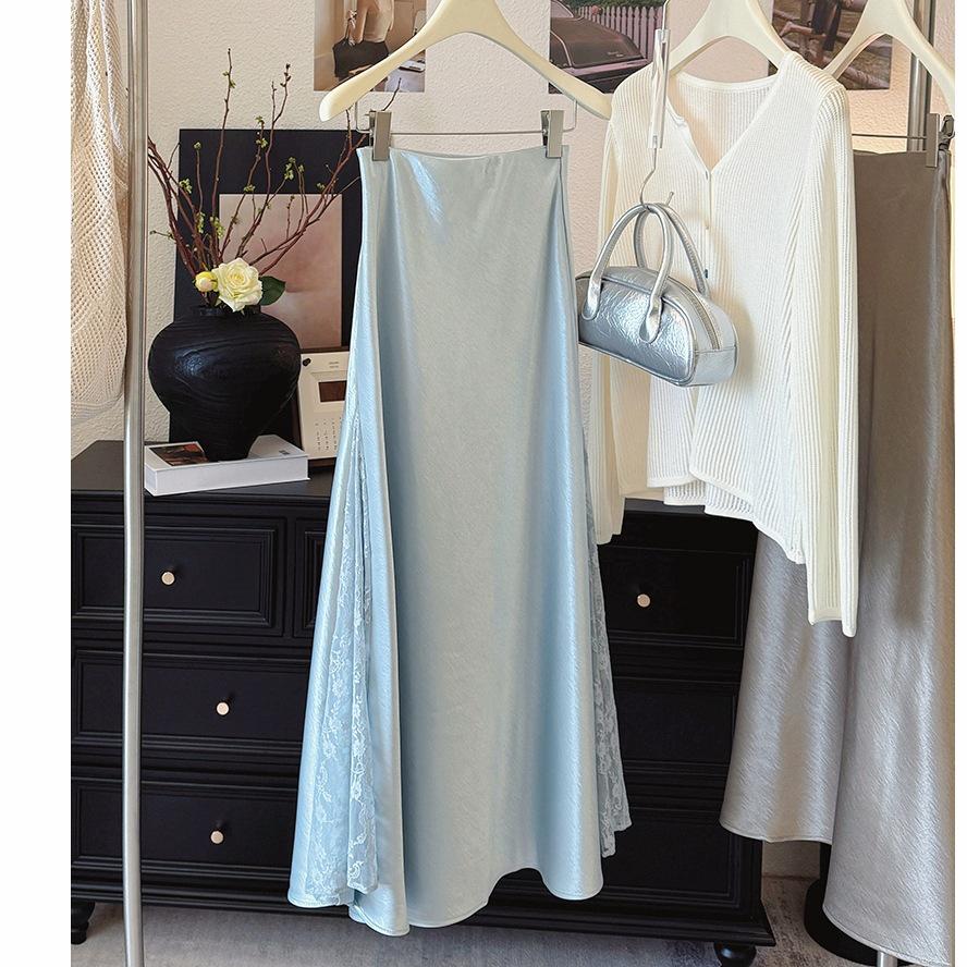 Stunning French Lace Patchwork Fishtail Midi Skirt: Silk-like Satin, Elegant Slim-Fit for Women