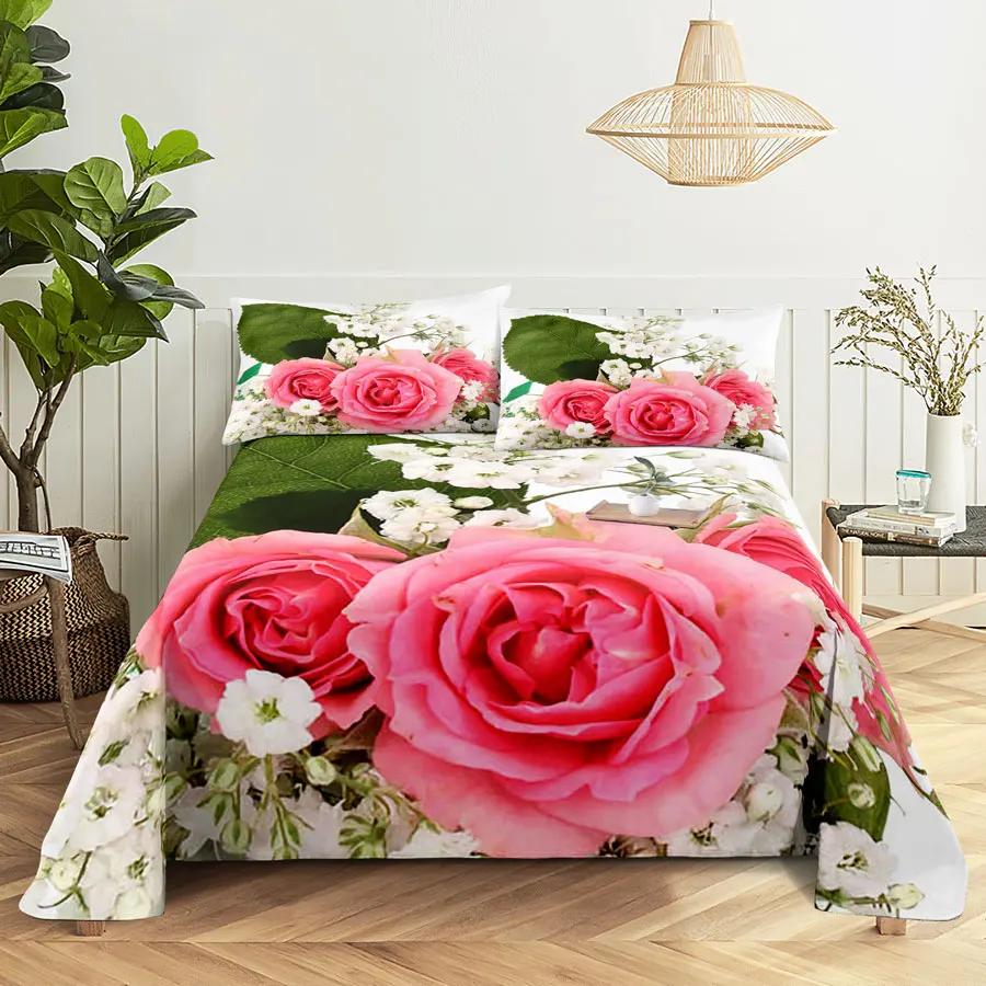 Pink Floral Bed Sheet Set Pillowcase Bedding Linens Cover Flower Queen King Twin Full Size for Single Double Bed Soft Thin