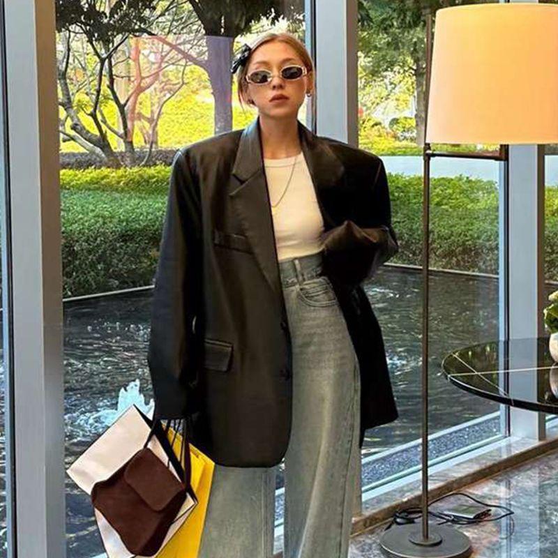 Premium Loose PU Suit Jacket Women with Non-Cracking Padded Shoulders Spring Autumn Fashion Plus Size Suit Female