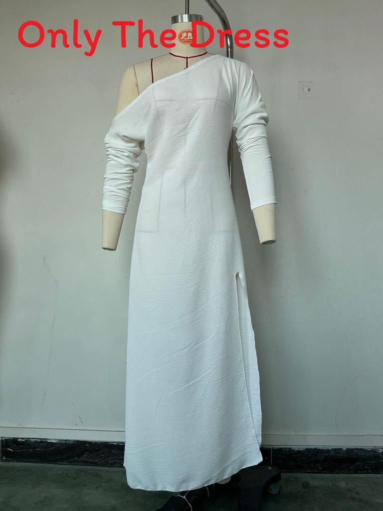 Elegant Long Sleeve Pleated Dress With Slit For Casual And Business Wear