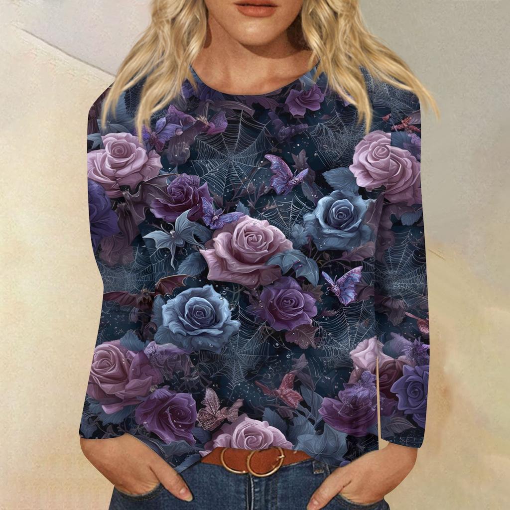 Modisches, lässiges Langarm-Oberteil mit Rundhalsausschnitt und Halloween-Print für Damen