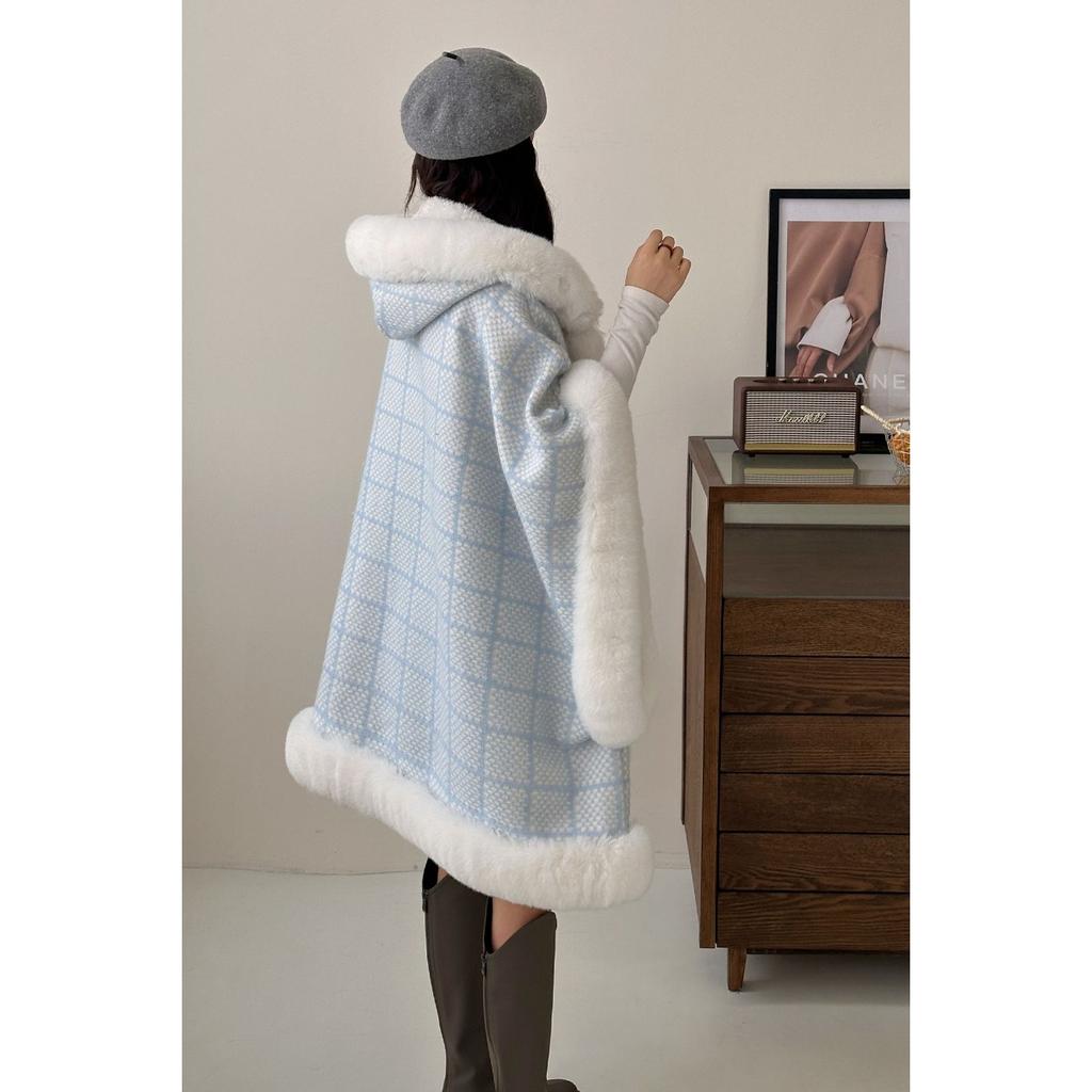 811 #Zimowy Płatek Śniegu Aksamitna Pogrubiona Peleryna z Kapturem i Dużym Futrzanym Kołnierzem, Damska Wiatroodporna Ciepła Peleryna Zapinana na Guzik