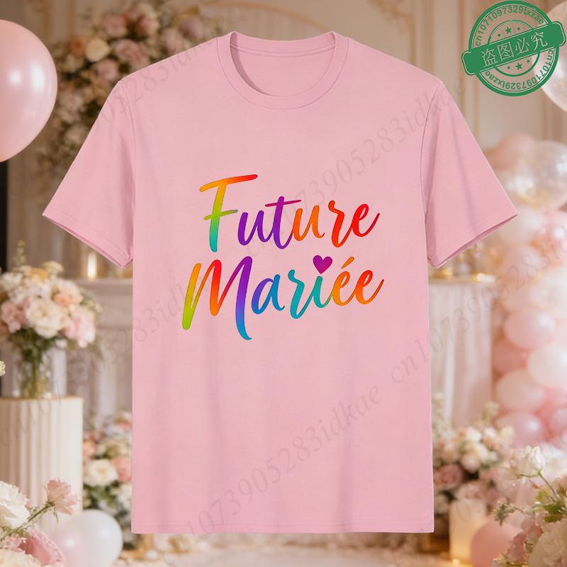 French Women Future Bride Team T-Shirts Colorful Heart Print Short Sleeve Tees for Bachelorette EVJF Party Bridal Wedding Squad