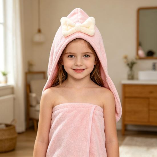 Kids Hair Drying Cap Super Absorbent Quick Dry Hair Towel Wrap with Button Cute Bow Anti-Frizz Turban for Girls Long Hair
