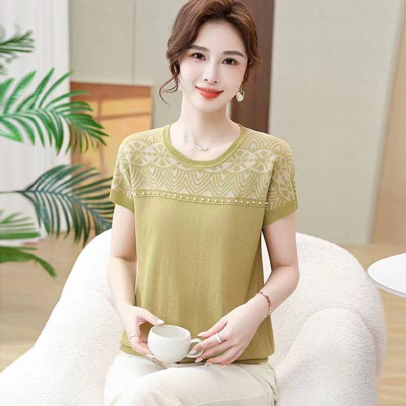 Summer Women s Knitted T-shirt Short Sleeved Jacquard Round Neck Loose Casual Mom Outfit Thin Top M