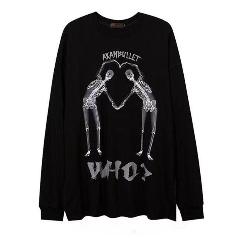 Skull Print Long-sleeved T-shirt Men Street Loose Fashion Casual Versatile Loose Sweatshirts