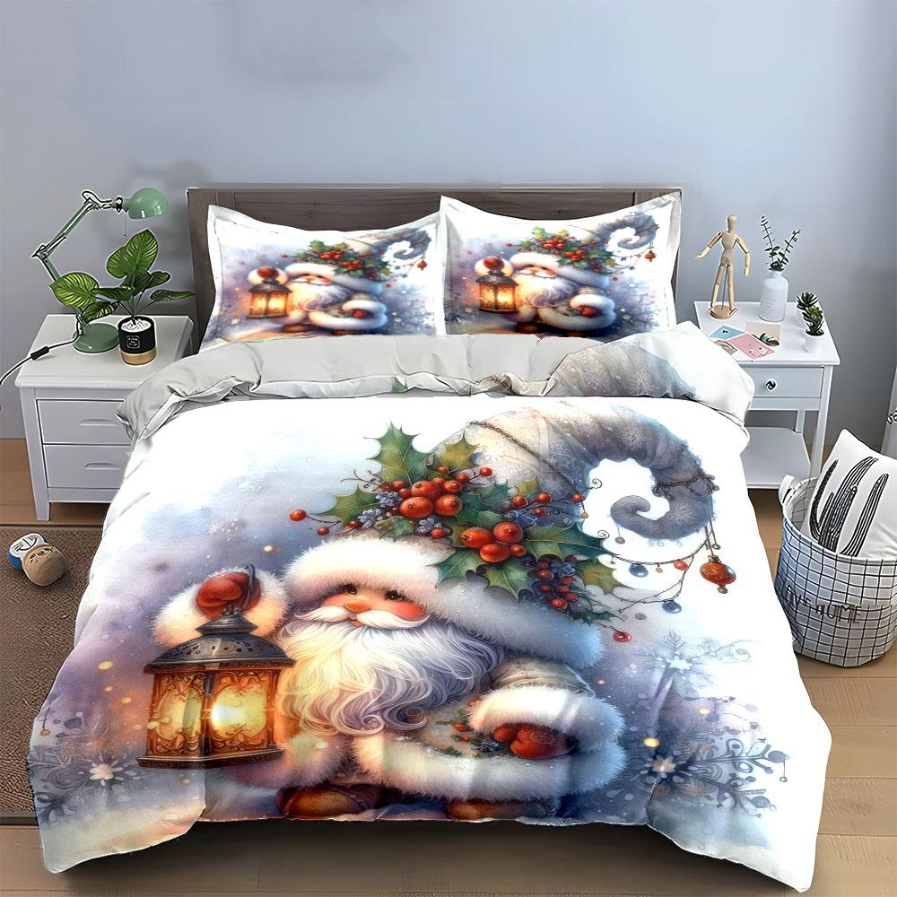 Christmas Santa with Lantern Bedding Duvet Cover Set (1*Duvet Cover 2*Pillowcases, Without Duvet Insert)