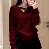 New Year's Red Long-sleeved V-neck Sweater Slim Casual and Versatile Top for Spring
