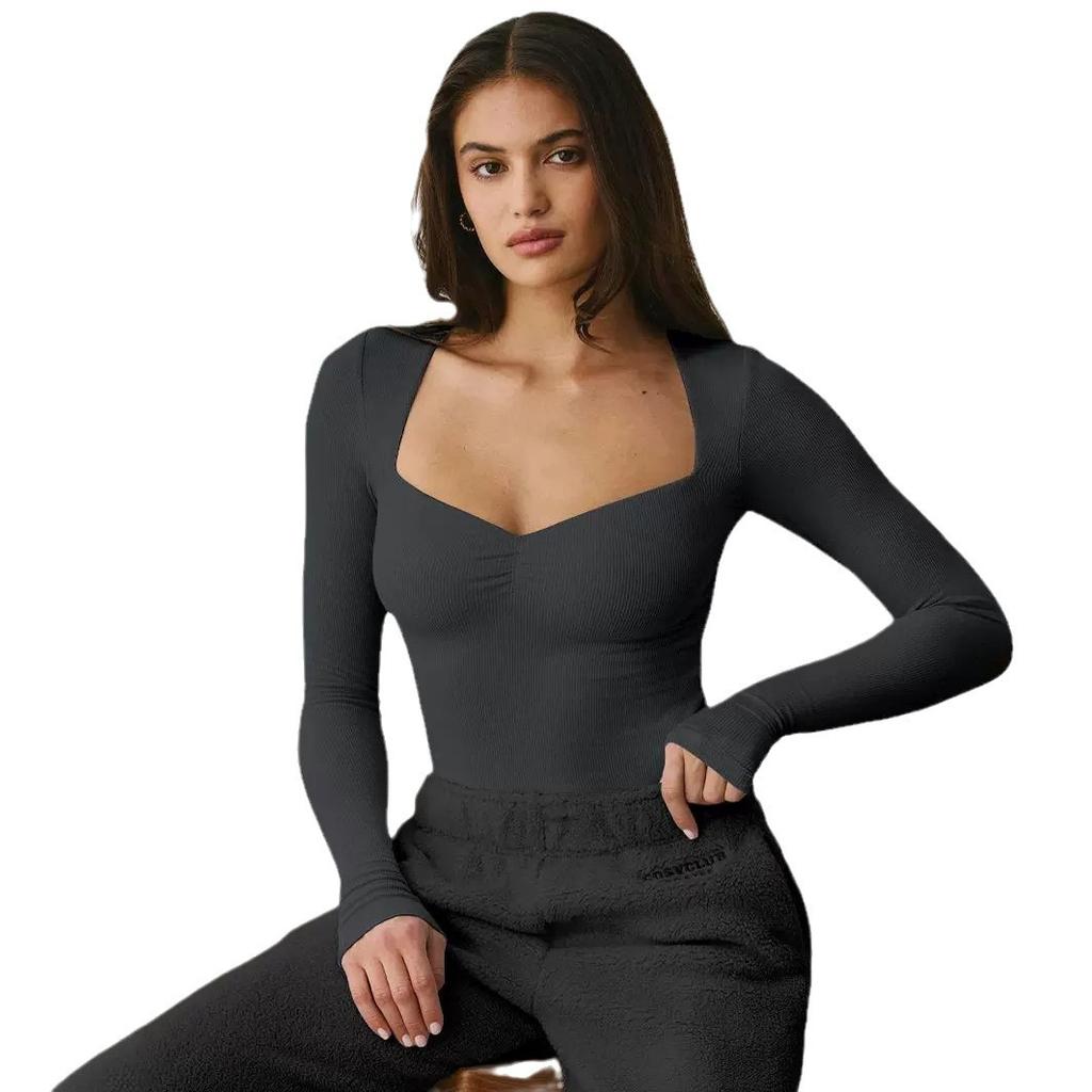 Langarm Unterhemd Mode Slim-fit T-Shirt Eckiger Ausschnitt Sexy Damenoberteil