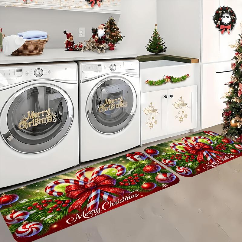Christmas Candy Cane Kitchen Rug, Indoor Outdoor Flannel Non-Slip Soft Mat for Kitchen Office Bathroom Holiday Home Decor