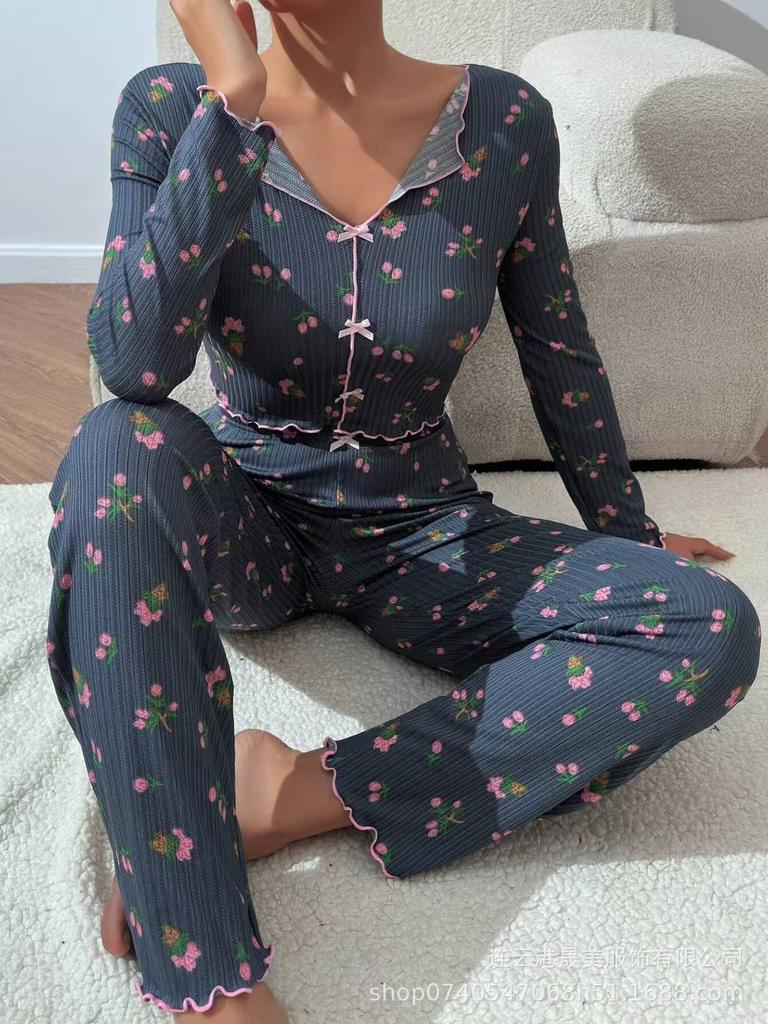 Homewear Casual Flower Printing Trousers Long-sleeved Two-piece Set European and American Can Be Worn Outside Women's Pajamas