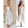 Sweet Summer New Small Floral Print Silm Slim Looking Tight Waist A- Line Sling Mid-Length Dress Female Dress