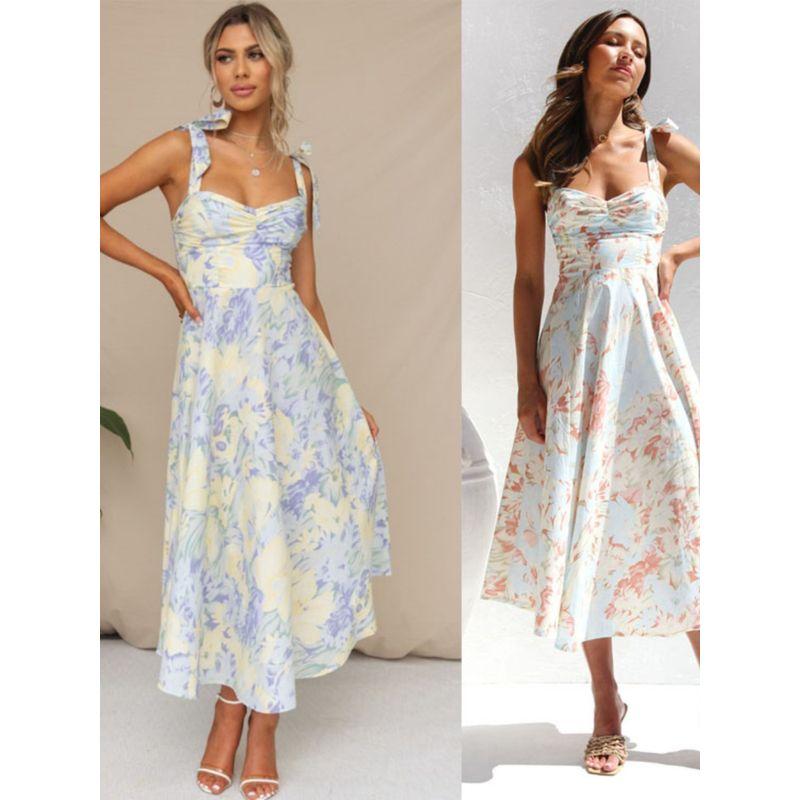 Sweet Summer New Small Floral Print Silm Slim Looking Tight Waist A- line Sling Mid-Length Dress Female Dress