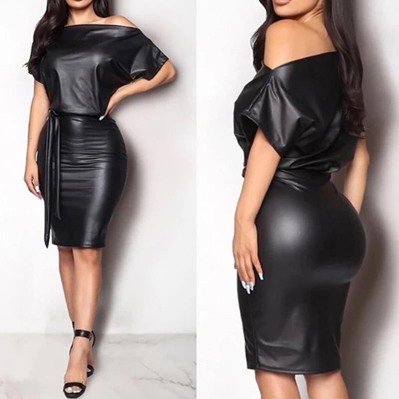 New Fashion Faux Leather Dress - Elastic Diagonal Neck & Batwing Short Sleeve