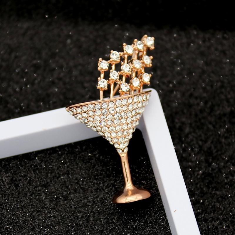 Stylish Cocktail Glass Rhinestone Brooch - Women's Creative Anti-Exposure Pin Accessory