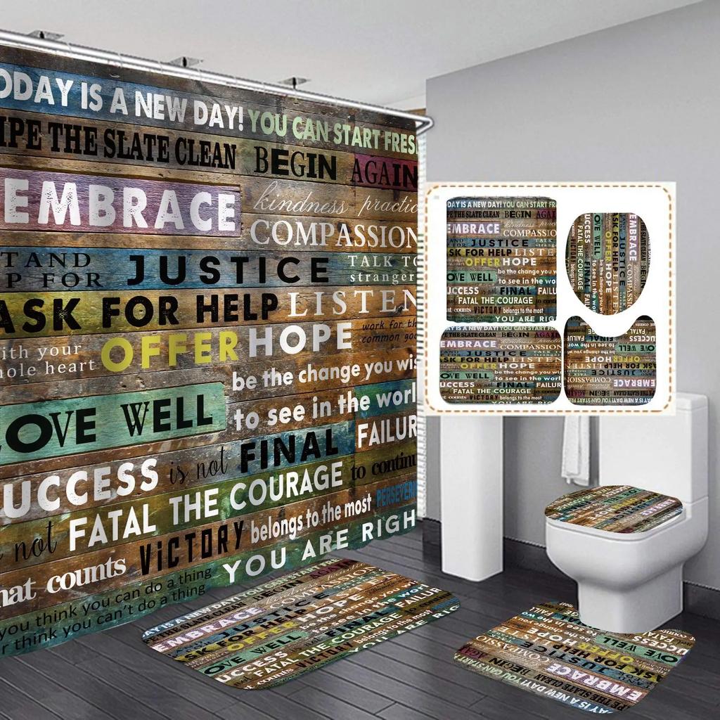 Inspirational Quotes Shower Curtain Set Rug Toilet Lid Cover Bath Mat Vintage Rustic Bathroom Decor Waterproof Wooden Poster