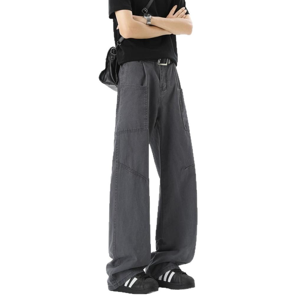American Maillard multi-pocket tooling jeans men's and women's autumn straight-leg pants loose casual wide-leg pants trendy