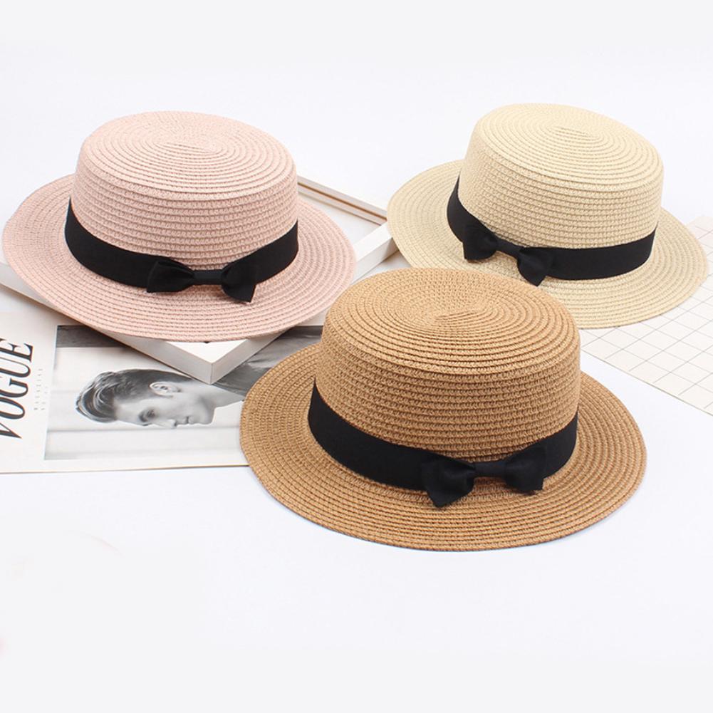 Women Fashion Straw Hat  Retro Bowknot Flat Top Hat Sunshade Beach Hat Summer