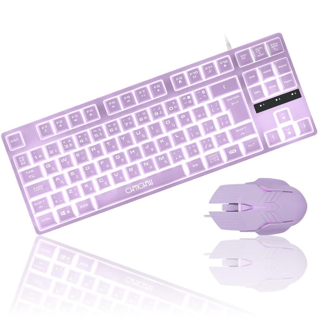 CHONCHOW Work Keyboard and Mouse Set, Japanese Layout, Illuminated, Quiet, Tenkeyless Gaming Keyboard with [No Conversion][Conversion] Keys, Cute,