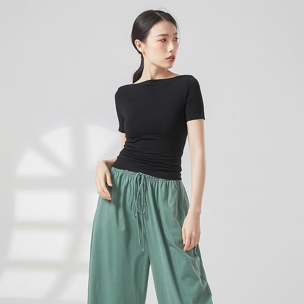 Yuoku Ballet Dance Short Sleeve Boat Neck Practice Stretch Dance Solid Classical Ballroom Dance Elastic Boat Women's Costume, Top, Wear, Top, T-Shirt,