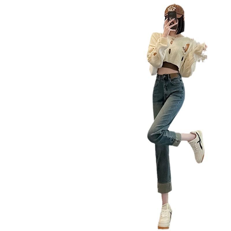 High-Waist Retro Slim Cigarette Jeans for Women - New 2024 Stretch Straight Pants, Nine-Point Length, Autumn Collection.