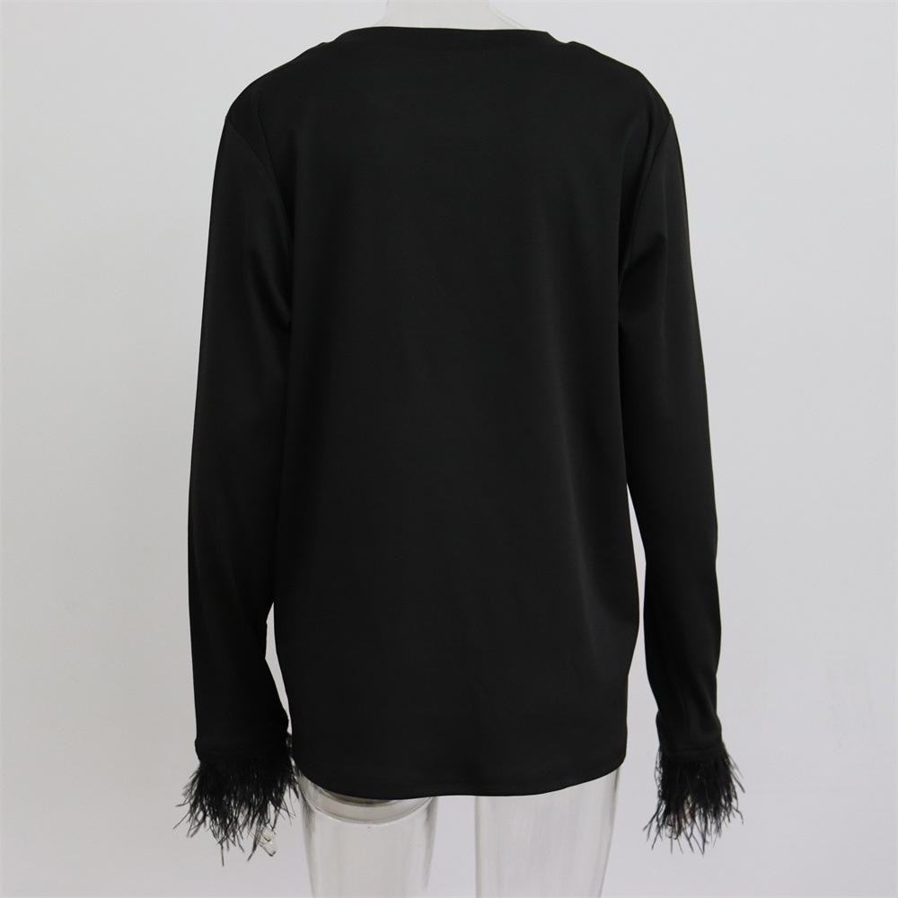 Sweatshirt à Motif Plumes Femme - Pull Décontracté Col Rond Manches Longues Patchwork Chemisier Lâche