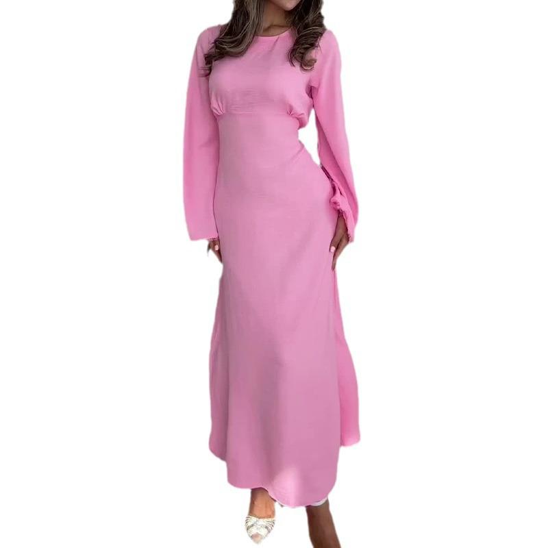 High-End Solid Color Round Neck Long-Sleeve Dress for Women - 2025 Autumn Fashion