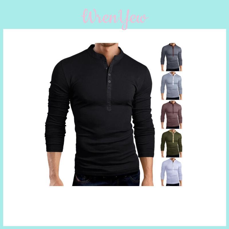 Premium Quality T-shirt Men Fashion Button Front Long Sleeve V-neck Solid Casual Slim Fit