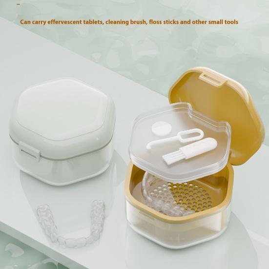 Double Layers Retainer Case Portable Soaking Denture Bath Box with Strainer Basket Invisible Brace Mouth Guard Dental Aligner Container Holder
