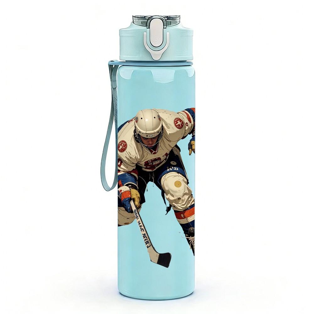 1PC Ice Hockey Athlete Cartoon Print 750ml Color Plastic Sports Water Bottle Leakproof Flip Straw Lid Suitable for Sports Office Home Use