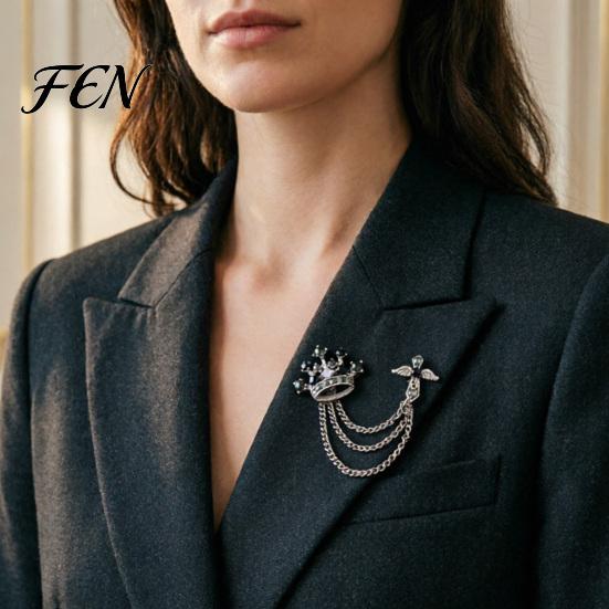 Dark Light Zircon Brooch Men's Pin with Chain, British Crown Cross Angel Lapel Pin, Rhinestone Suit Cool Tone Silver Badge Tassel Chain for