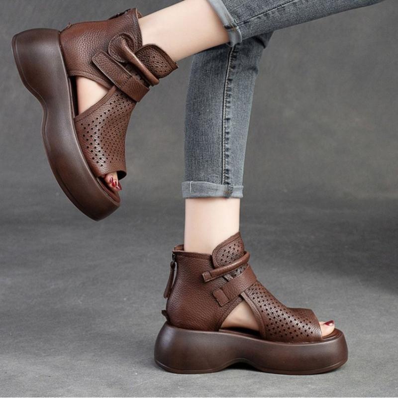 

Fashion Sandals Boots Hollow for Womem Thick Sole Breathable Hole Shoes Fish Mouth Summer Comfortable Hook & Loop Retro Women Sandals 35