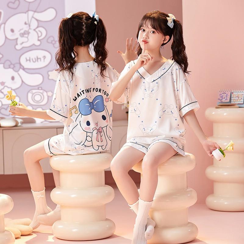 Girls Pajama Set Short Sleeve Ice Silk Sleepwear Kids 8 Years Comfortable Cartoon Print Home Wear