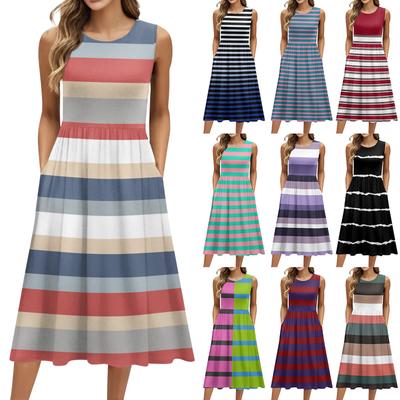 Modisches Damenkleid mit Retro-Blumendruck, Rundhalsausschnitt, ärmellos, lässig, Pullover, Tasche, mittellang
