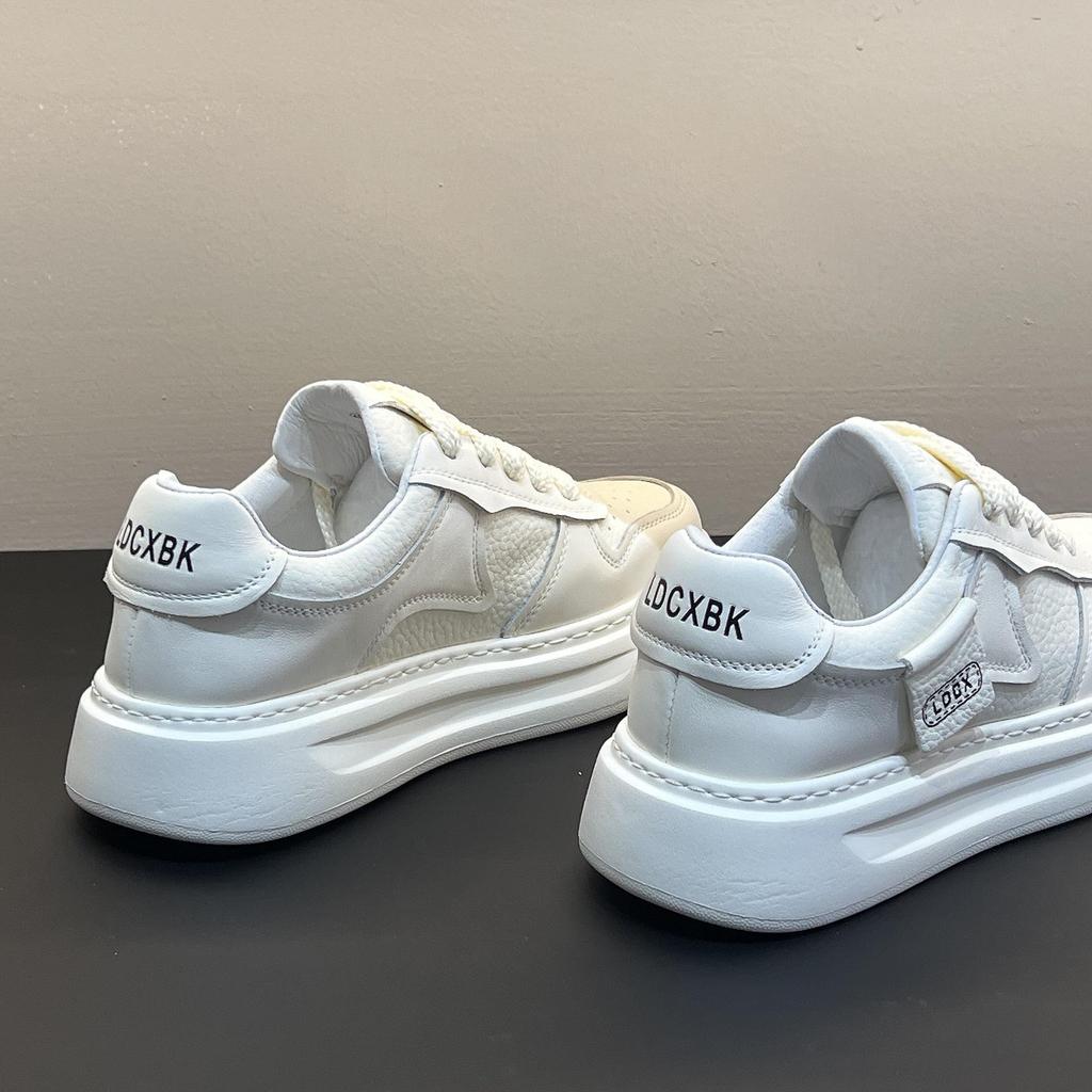 Autumn 2025 Men's Genuine Leather White Sneakers: British Style, Thick Sole, Casual, High-End Fashion