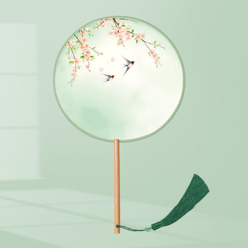 Girls' Summer Hanfu Dance Fan: Long Handle, Double-Sided Embroidered Round Fan for Traditional Costume