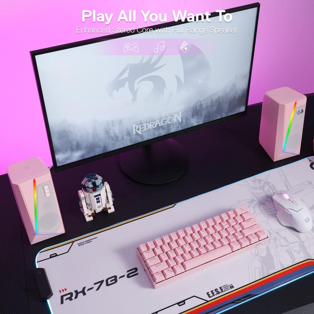 Redragon GS520 RGB Desktop Channel PC Computer Stereo 6 Colorful LED Enhanced Sound and Easy Access Volume USB Cable Pink Speakers, 2.0 Speakers,