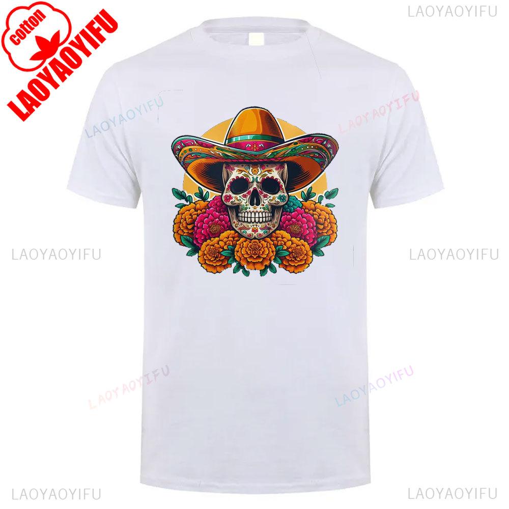 Mexican Skull Pattern Cotton Summer Tee Unisex Short Sleeve Round Neck Retro Style Graphic Shortsleeved Launched Casual Tshirt