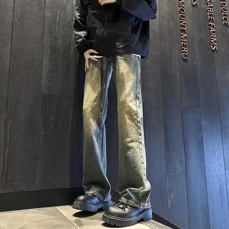

Men s Gradient Washed Wide Leg Jeans Distressed Drawstring Baggy Denim Pants Y2K Streetwear S синий