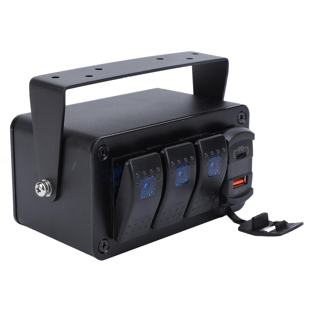 3 Gang Rocker Switch Panel DC12‑24V On Off Toggle Switch with PD Type C and QC3.0 USB Charger Voltmeter for Car Trucks
